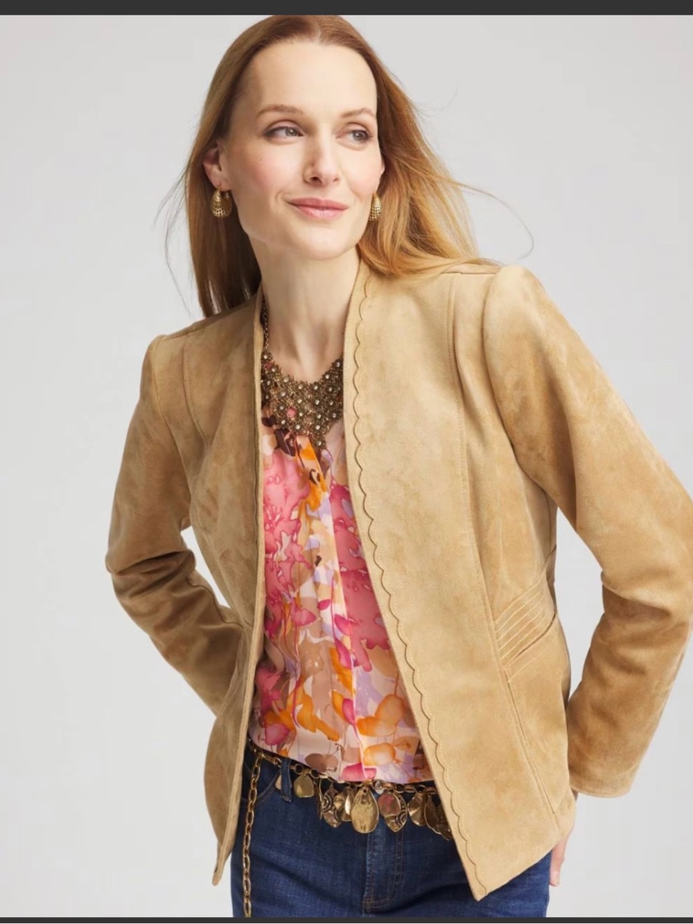 Chico’s Tan Faux Suede Scalloped Jacket